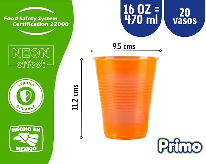 Image of Vaso neón 16 oz (470 ml) Primo – Paquete con 20 piezas, un color por paquete