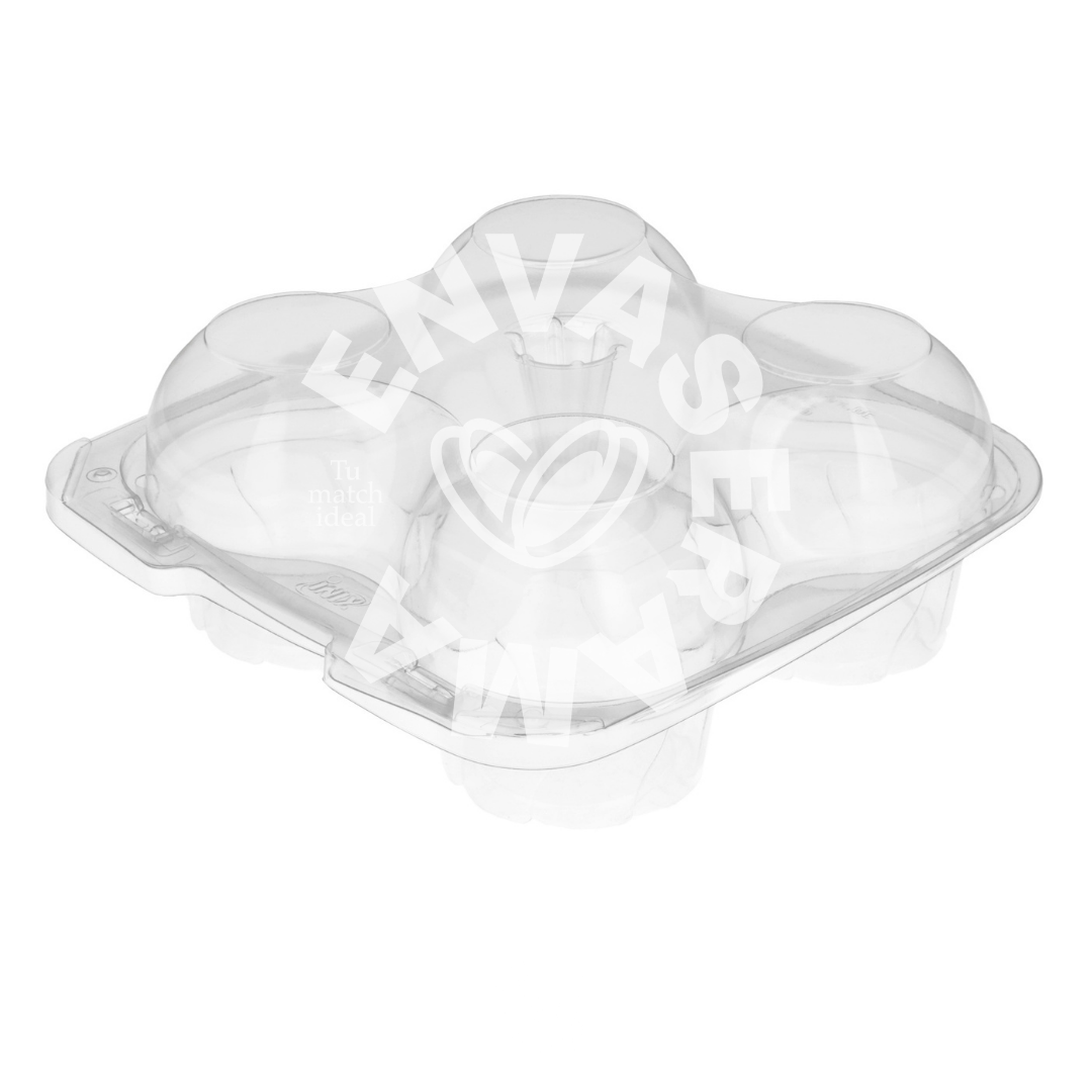 Image of Domo Bisagra Transparente para 4 Cupcakes Alto | Paquete 10 pzas / Caja 150 pzas