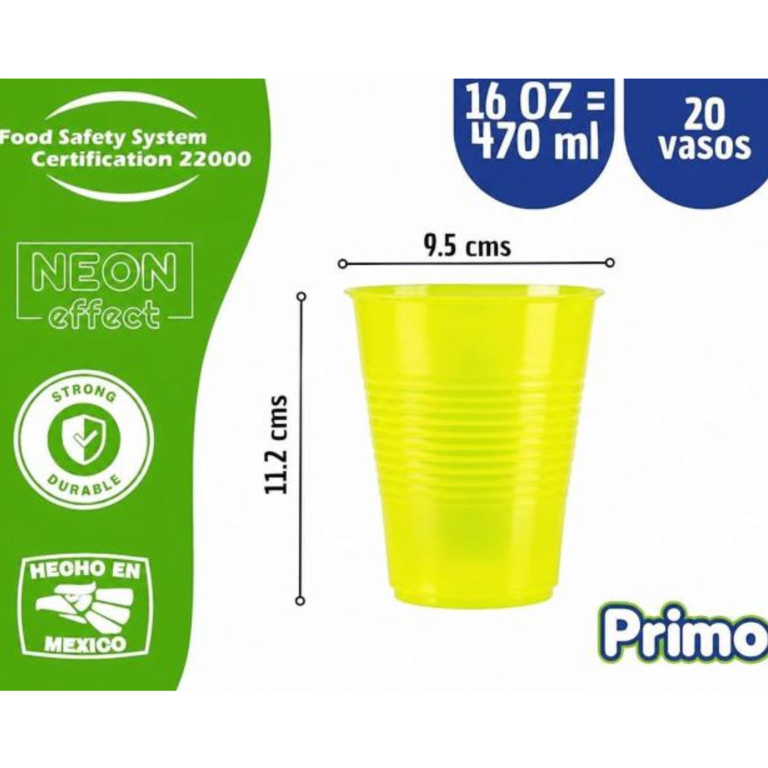 Image of Vaso neón 16 oz (470 ml) Primo – Paquete con 20 piezas, un color por paquete