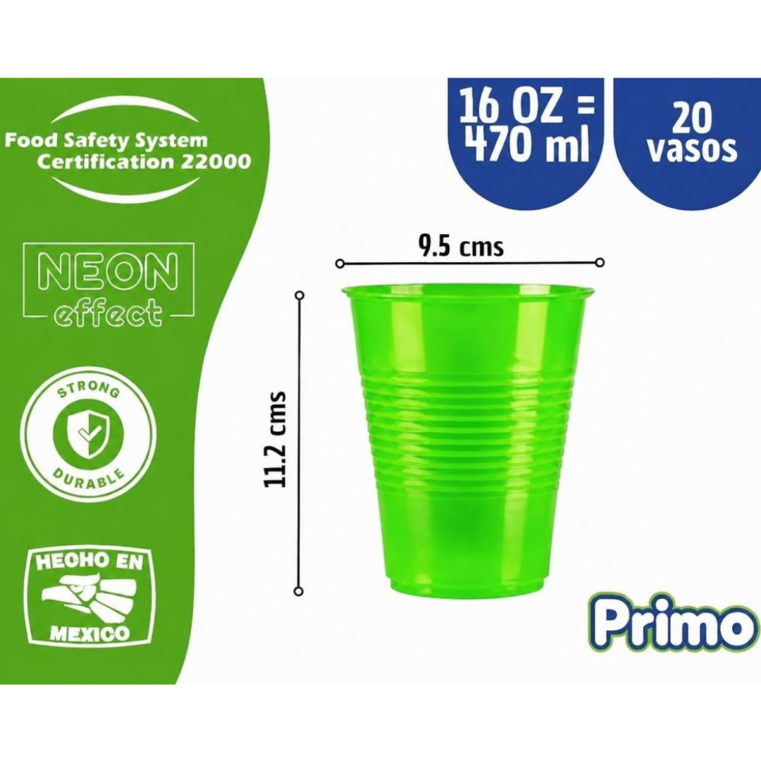 Image of Vaso neón 16 oz (470 ml) Primo – Paquete con 20 piezas, un color por paquete