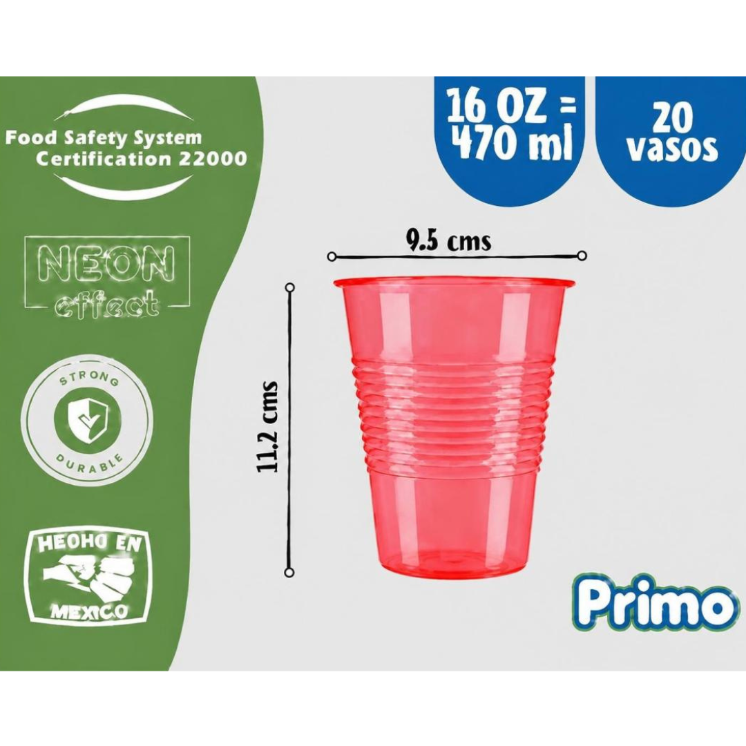Image of Vaso neón 16 oz (470 ml) Primo – Paquete con 20 piezas, un color por paquete