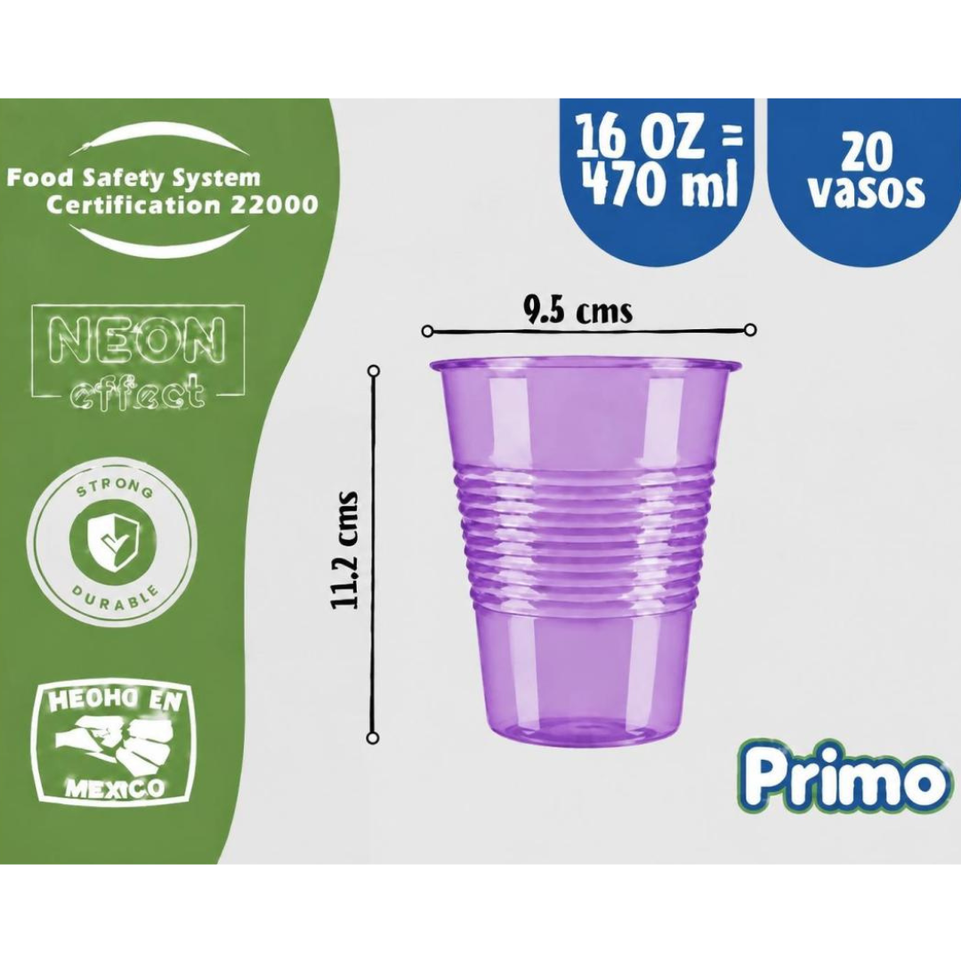 Image of Vaso neón 16 oz (470 ml) Primo – Paquete con 20 piezas, un color por paquete