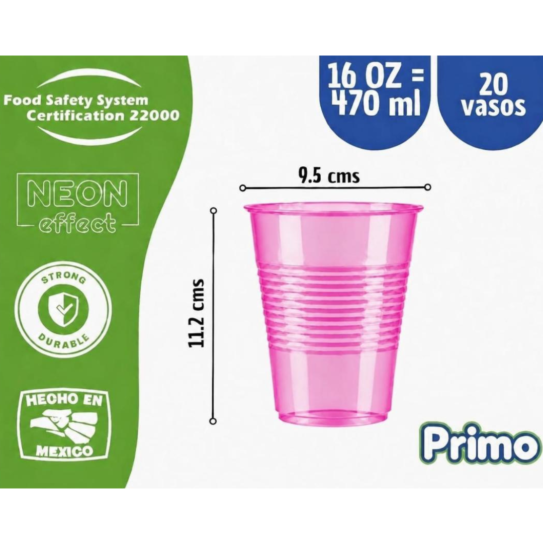 Image of Vaso neón 16 oz (470 ml) Primo – Paquete con 20 piezas, un color por paquete