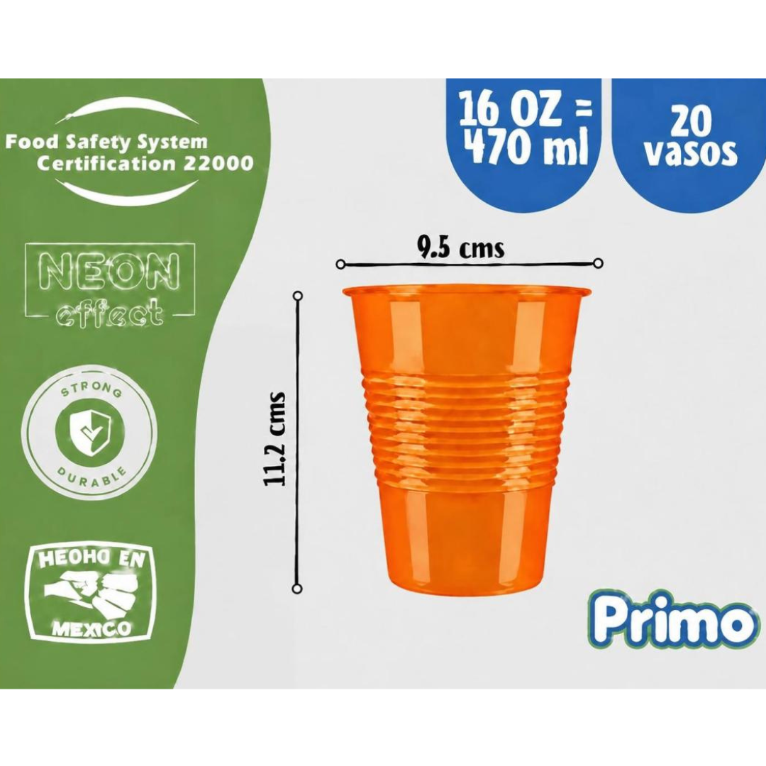 Image of Vaso neón 16 oz (470 ml) Primo – Paquete con 20 piezas, un color por paquete